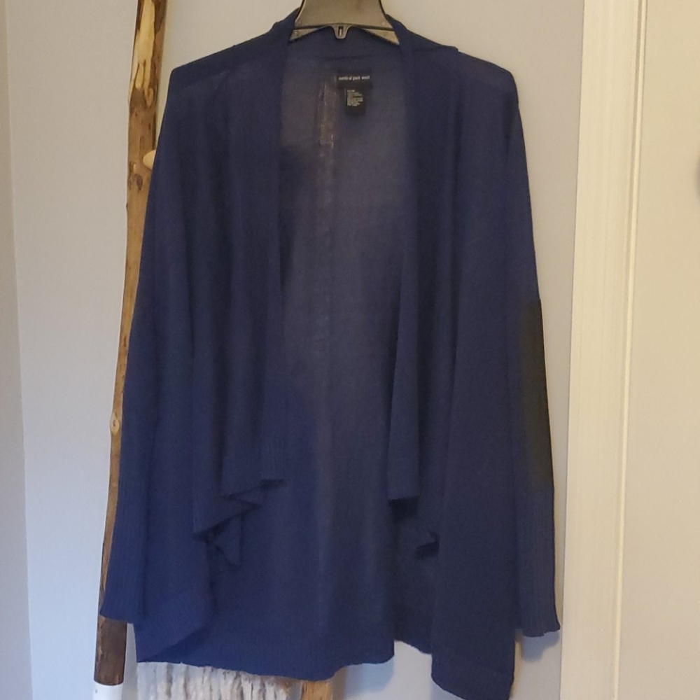 Navy linen long cardigan/wrap w black elbow patch